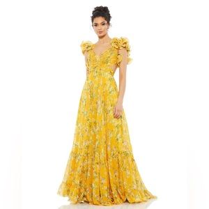 ❌SOLD❌ NWT Mac Duggal Yellow Ruffle Tiered Floral Cut-Out Chiffon Gown, Size 2